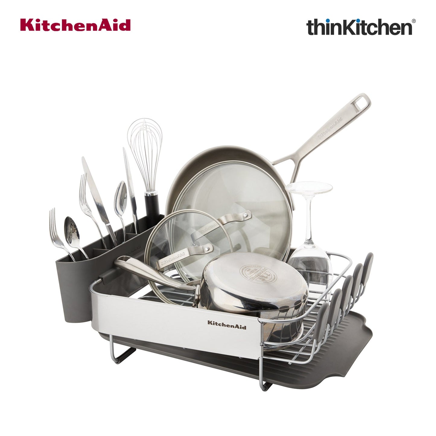 KitchenAid Premium Compact Dish Drying Rack, Grey, Space-Saving Dish Drainer with Cutlery Caddy, Metal & Plastic Kitchen Drying Rack (40.8 x 32 x 15 cms)
