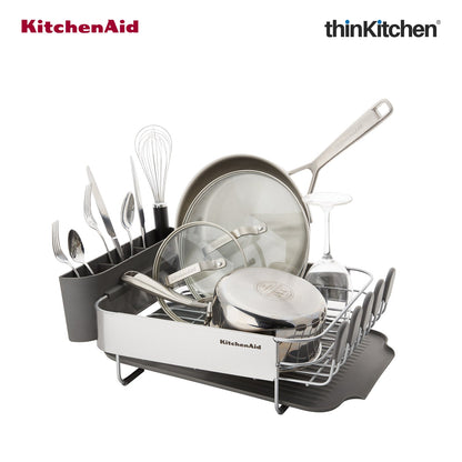 KitchenAid Premium Compact Dish Drying Rack, Grey, Space-Saving Dish Drainer with Cutlery Caddy, Metal & Plastic Kitchen Drying Rack (40.8 x 32 x 15 cms)
