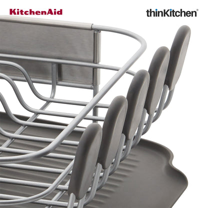 KitchenAid Premium Compact Dish Drying Rack, Grey, Space-Saving Dish Drainer with Cutlery Caddy, Metal & Plastic Kitchen Drying Rack (40.8 x 32 x 15 cms)