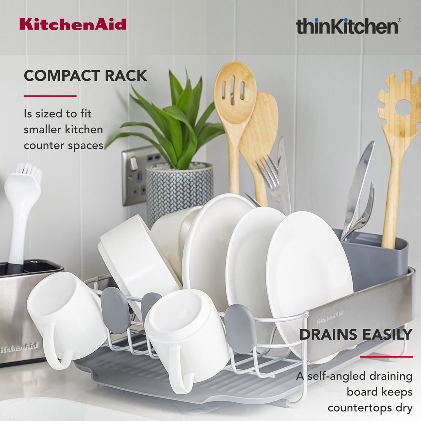 KitchenAid Premium Compact Dish Drying Rack, Grey, Space-Saving Dish Drainer with Cutlery Caddy, Metal & Plastic Kitchen Drying Rack (40.8 x 32 x 15 cms)