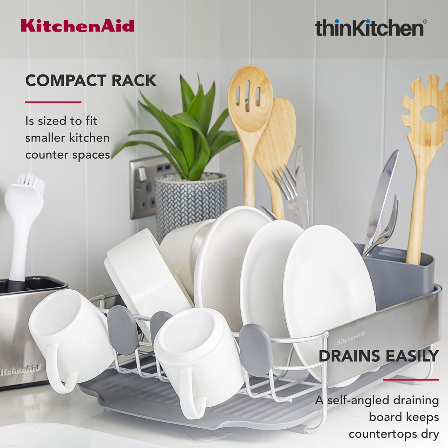 KitchenAid Premium Compact Dish Drying Rack, Grey, Space-Saving Dish Drainer with Cutlery Caddy, Metal & Plastic Kitchen Drying Rack (40.8 x 32 x 15 cms) - 4
