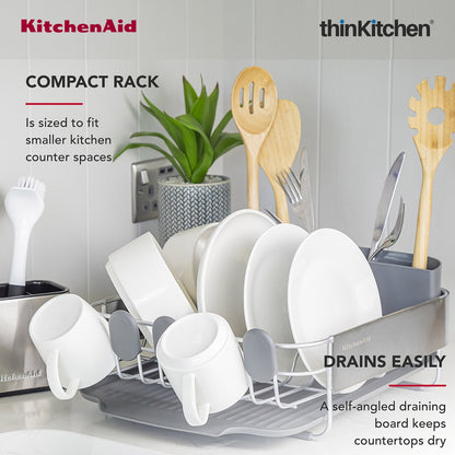 KitchenAid Premium Compact Dish Drying Rack, Grey, Space-Saving Dish Drainer with Cutlery Caddy, Metal & Plastic Kitchen Drying Rack (40.8 x 32 x 15 cms)