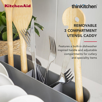 KitchenAid Premium Compact Dish Drying Rack, Grey, Space-Saving Dish Drainer with Cutlery Caddy, Metal & Plastic Kitchen Drying Rack (40.8 x 32 x 15 cms)