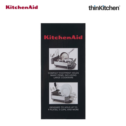 KitchenAid Premium Compact Dish Drying Rack, Grey, Space-Saving Dish Drainer with Cutlery Caddy, Metal & Plastic Kitchen Drying Rack (40.8 x 32 x 15 cms)