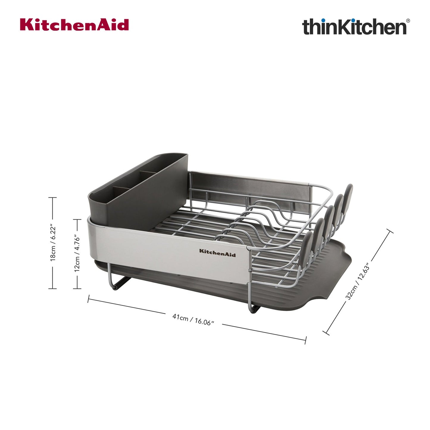 KitchenAid Premium Compact Dish Drying Rack, Grey, Space-Saving Dish Drainer with Cutlery Caddy, Metal & Plastic Kitchen Drying Rack (40.8 x 32 x 15 cms)