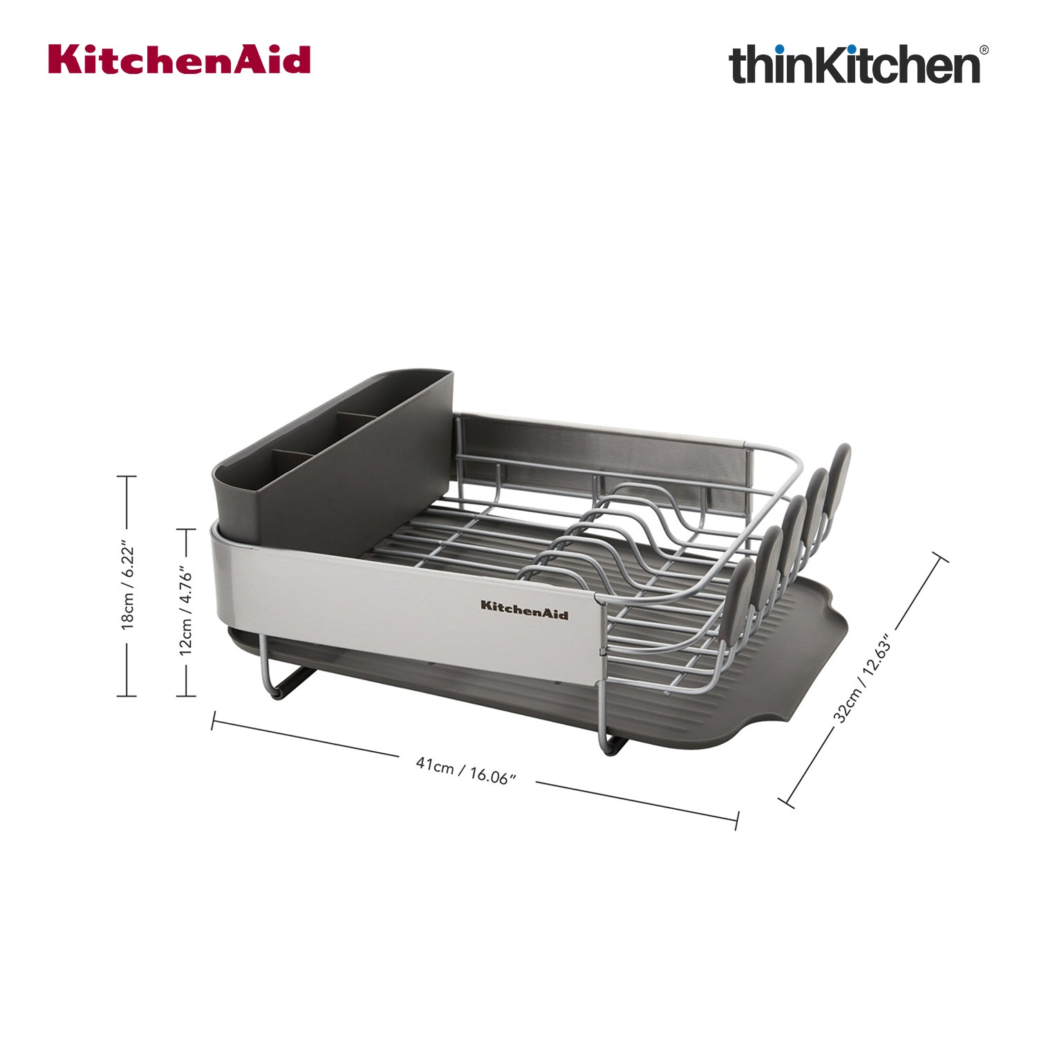 KitchenAid Premium Compact Dish Drying Rack, Grey, Space-Saving Dish Drainer with Cutlery Caddy, Metal & Plastic Kitchen Drying Rack (40.8 x 32 x 15 cms) - 7