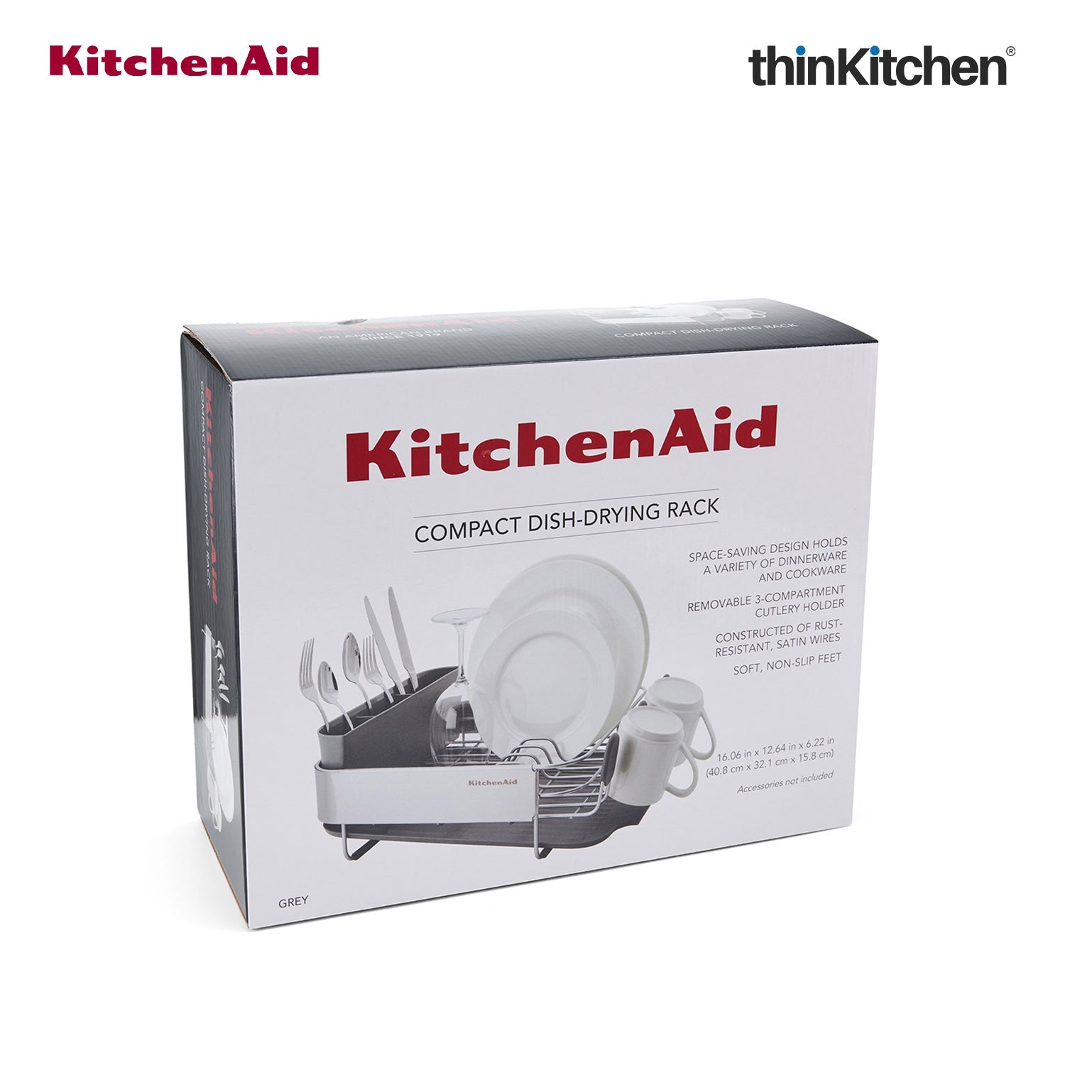 KitchenAid Premium Compact Dish Drying Rack, Grey, Space-Saving Dish Drainer with Cutlery Caddy, Metal & Plastic Kitchen Drying Rack (40.8 x 32 x 15 cms) - 8