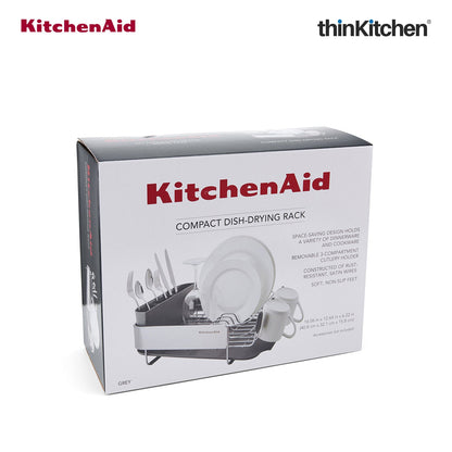 KitchenAid Premium Compact Dish Drying Rack, Grey, Space-Saving Dish Drainer with Cutlery Caddy, Metal & Plastic Kitchen Drying Rack (40.8 x 32 x 15 cms)