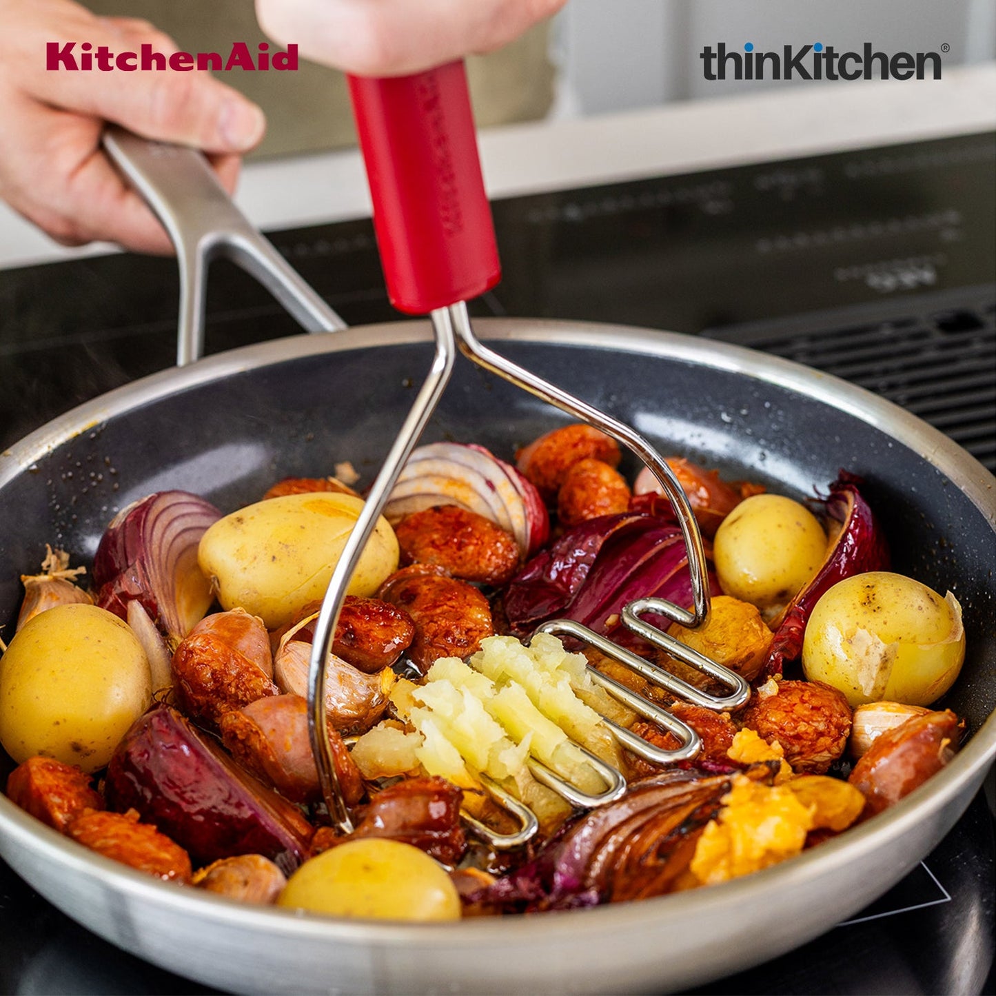 KitchenAid Premium Stainless Steel Masher, Vegetable and Potato Masher for Paav Bhaaji, Rust Resistant and Dishwasher Safe - Empire Red, 25.5cms