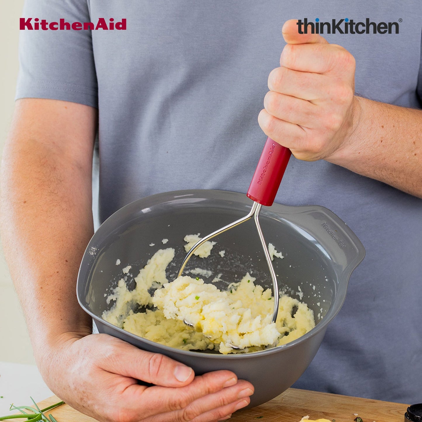 KitchenAid Premium Stainless Steel Masher, Vegetable and Potato Masher for Paav Bhaaji, Rust Resistant and Dishwasher Safe - Empire Red, 25.5cms