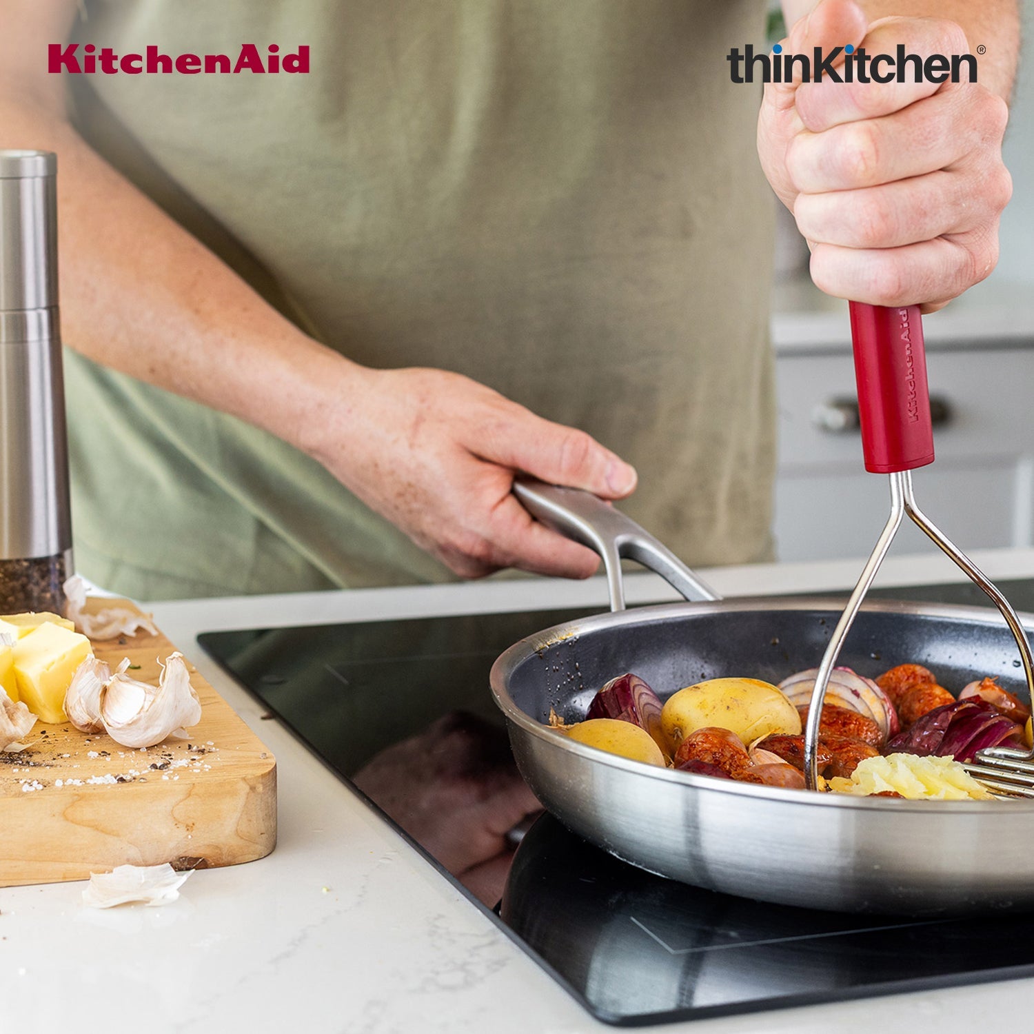 KitchenAid Premium Stainless Steel Masher, Vegetable and Potato Masher for Paav Bhaaji, Rust Resistant and Dishwasher Safe - Empire Red, 25.5cms - 6