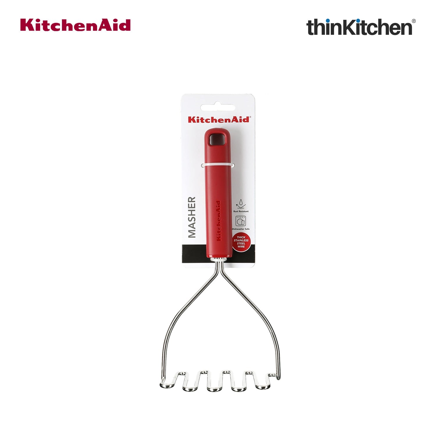 KitchenAid Premium Stainless Steel Masher, Vegetable and Potato Masher for Paav Bhaaji, Rust Resistant and Dishwasher Safe - Empire Red, 25.5cms - 5