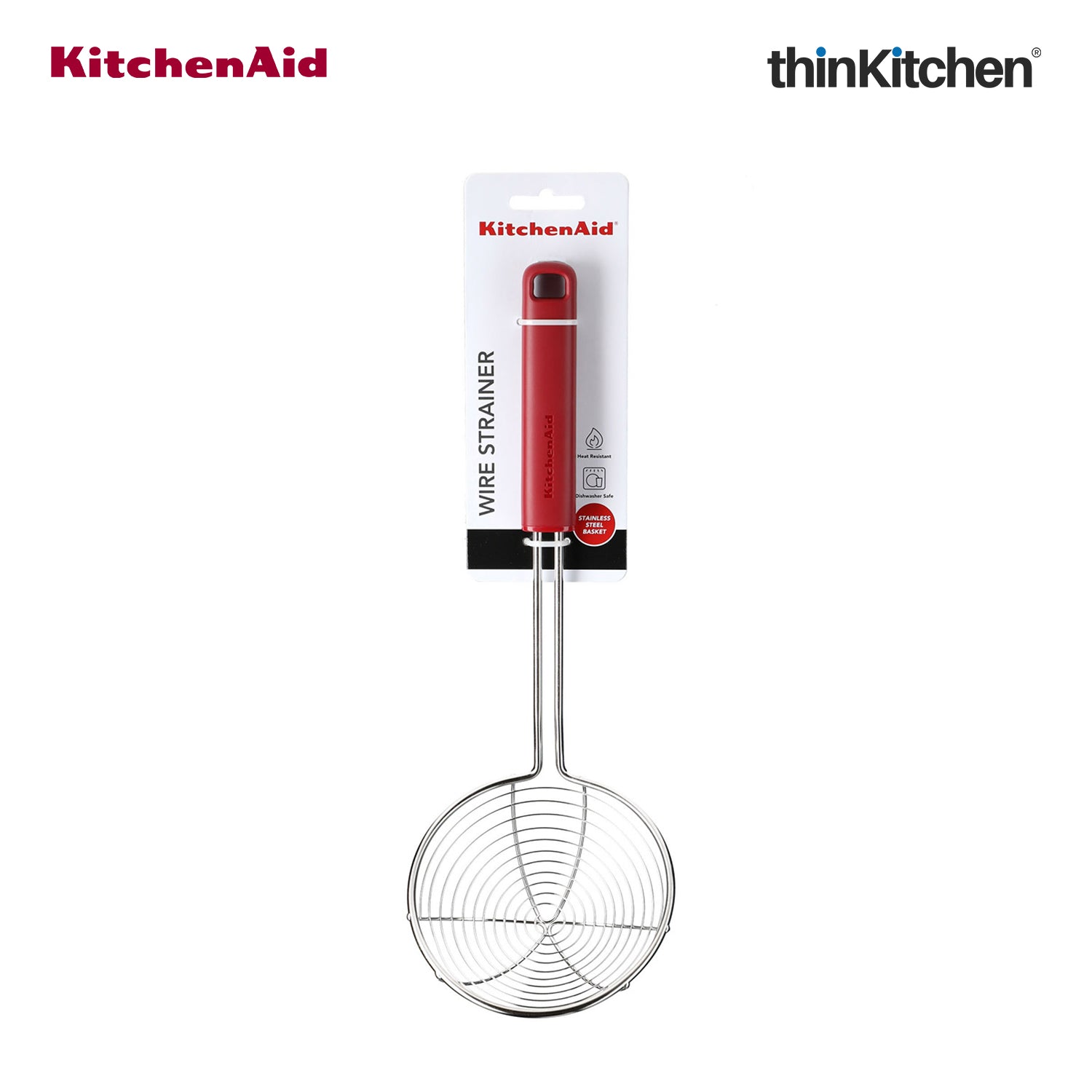 KitchenAid Premium Stainless Steel Wire Strainer, Heat Resistant Cooking Preparation Tool, Everyday Kitchen Tool for Pasta, Frying - Empire Red, 36.5cms - 7