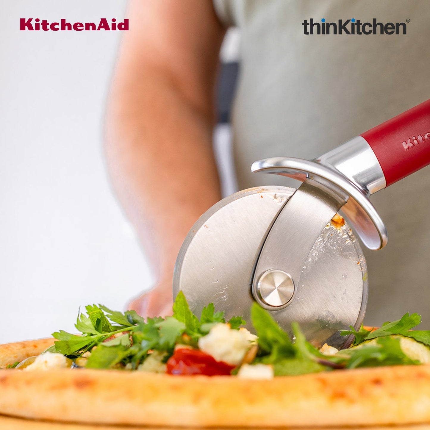 KitchenAid Premium Stainless Steel Pizza Wheel, Pizza Cutter with Finger Guard, Pastry, Pie, Pizza Slicer  - Empire Red, 23.5cms