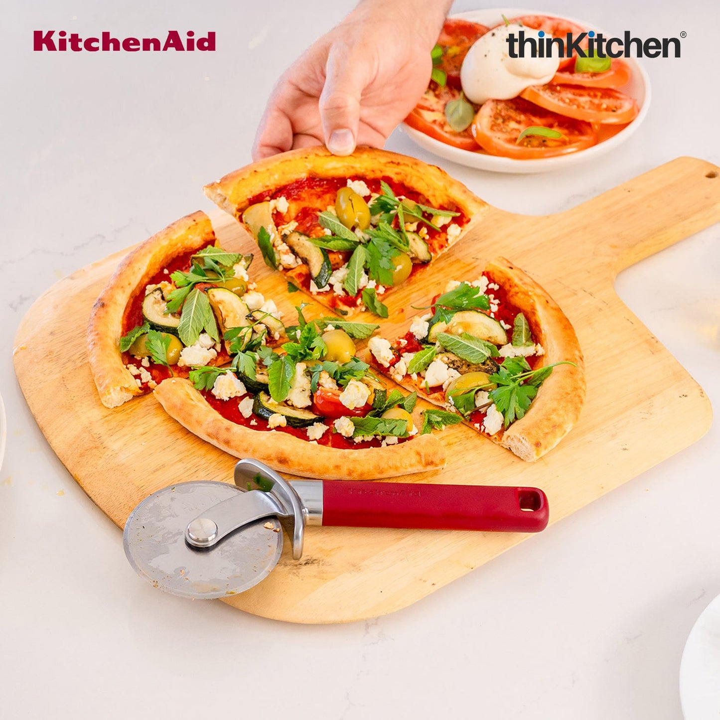 KitchenAid Premium Stainless Steel Pizza Wheel, Pizza Cutter with Finger Guard, Pastry, Pie, Pizza Slicer  - Empire Red, 23.5cms