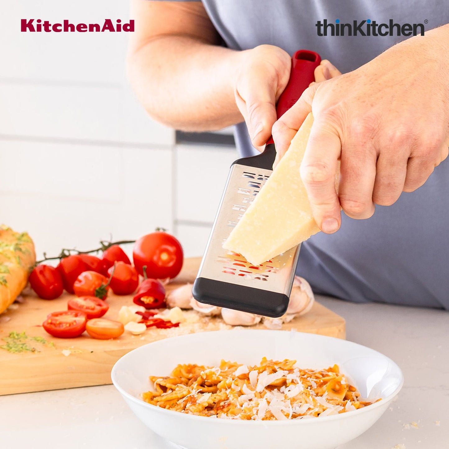 KitchenAid Premium Stainless Steel Medium Grater with Bi-Directional Blades for Vegetables, Cheese, Chocolates, Protective Cover, Dishwasher Safe Kitchen Tool - Empire Red