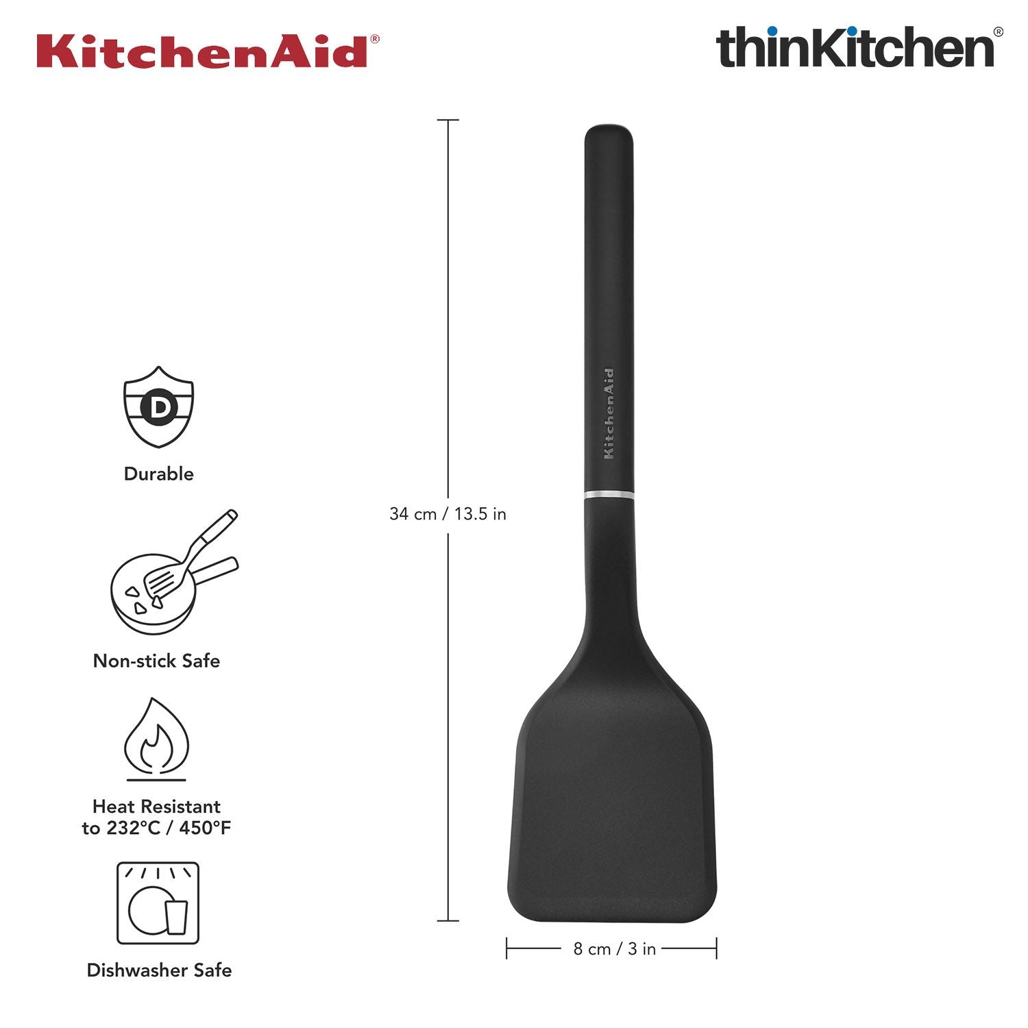 KitchenAid Solid Turner, Matte Black, Heat Resistant Cooking Utensil, Non-Stick Safe with Durable Handle, 34cm - 7