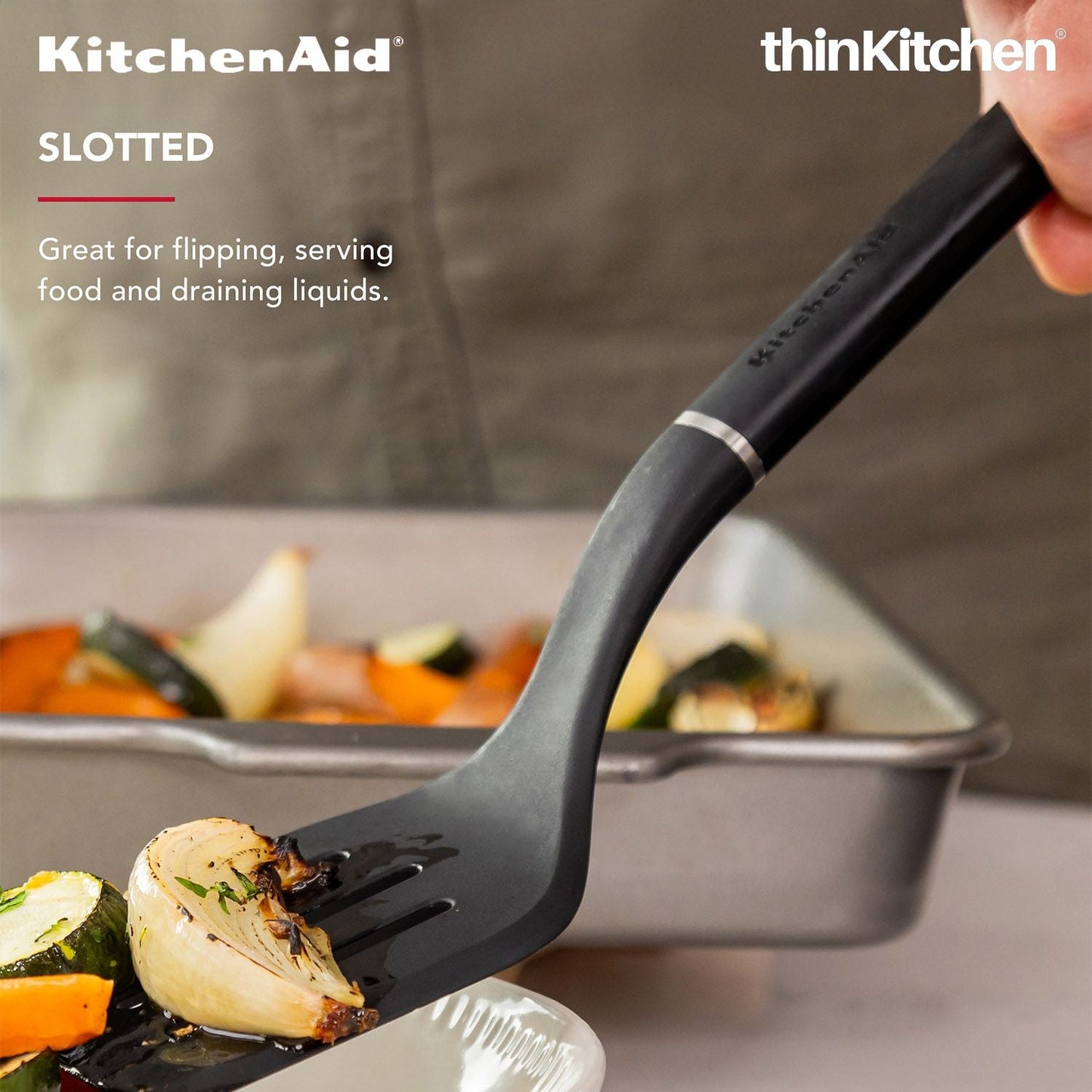 KitchenAid Slotted Turner, Matte Black, Heat Resistant Cooking Utensil, Non-Stick Safe with Durable Handle, 34cm