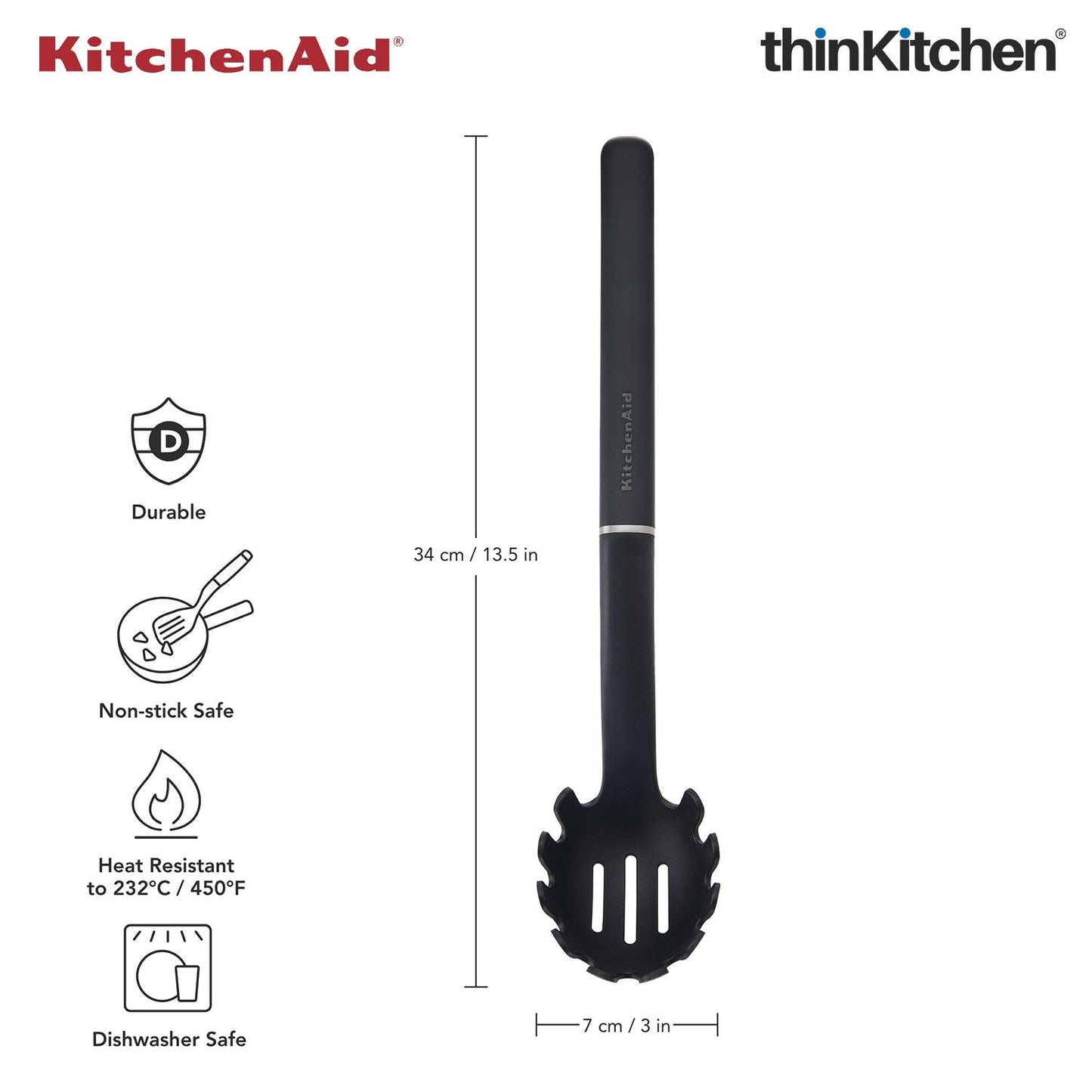KitchenAid Pasta Server, Matte Black, Heat Resistant Cooking Utensil, Non-Stick Safe with Durable Handle, 34cm