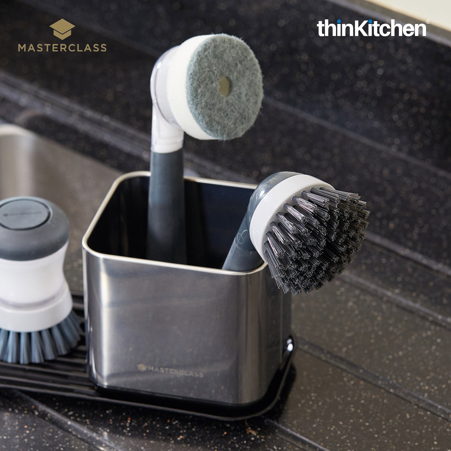 MasterClass Premium Soap Dispensing Dish Sponge, Non-Scratch Sponge for Dishes, Pans with Refillable Ergonomic Handle, Grey - 1