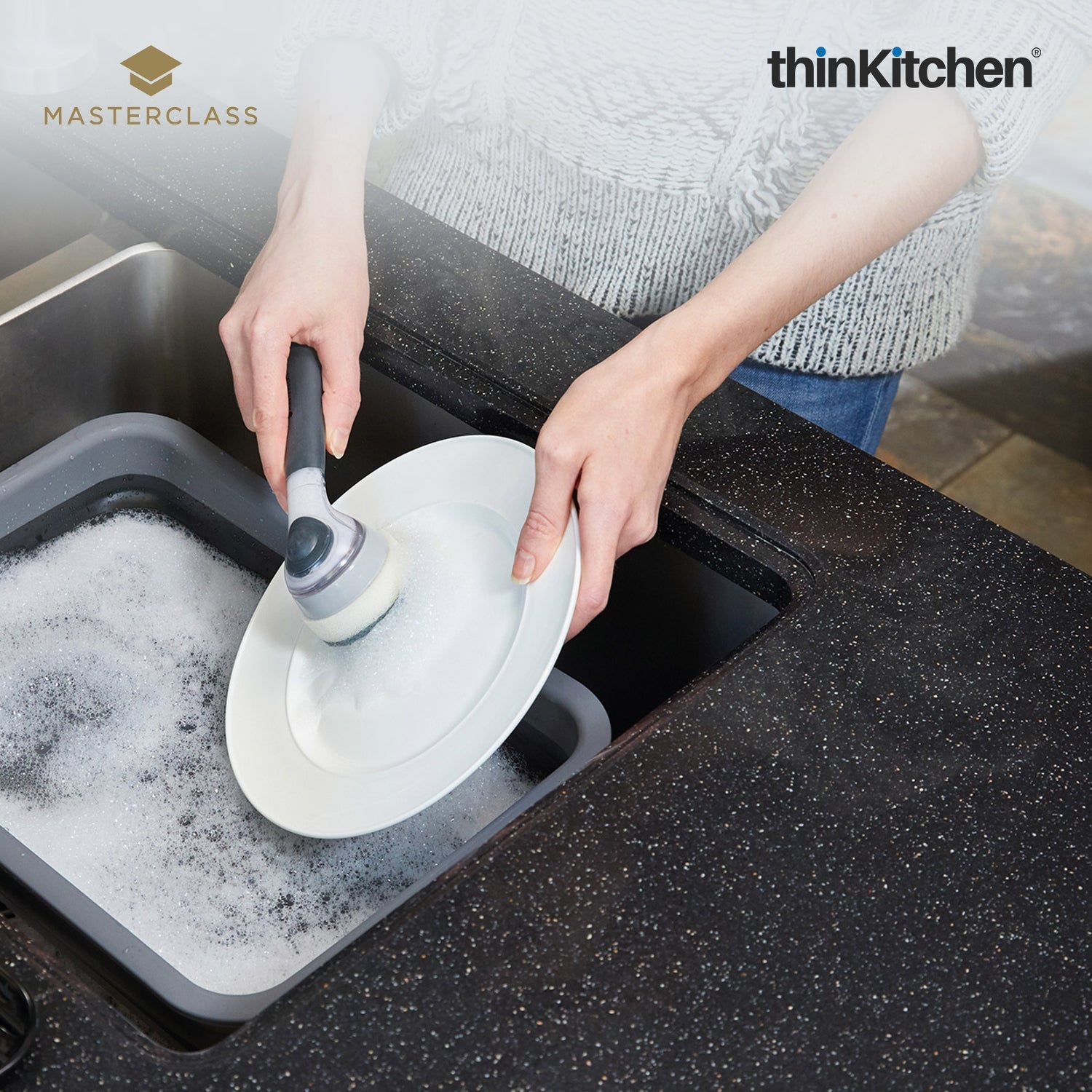 MasterClass Premium Soap Dispensing Dish Sponge, Non-Scratch Sponge for Dishes, Pans with Refillable Ergonomic Handle, Grey - 5