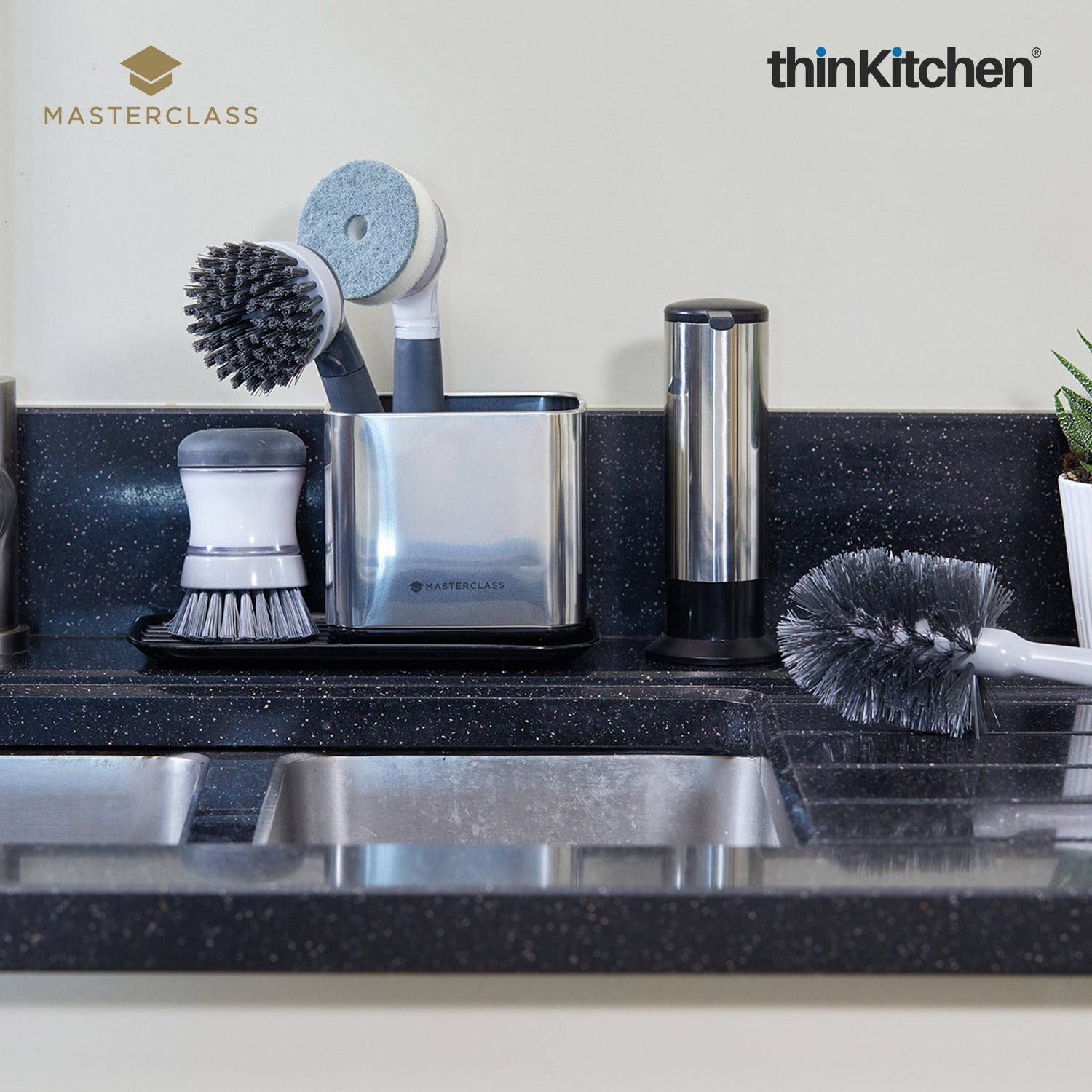 MasterClass Premium Soap Dispensing Dish Sponge, Non-Scratch Sponge for Dishes, Pans with Refillable Ergonomic Handle, Grey - 3