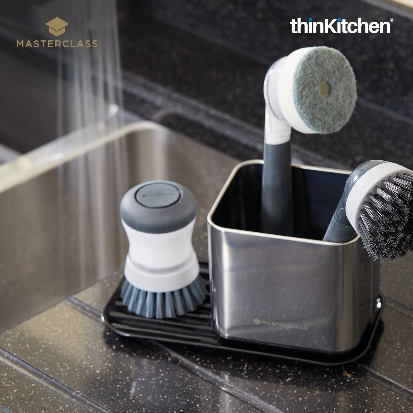 MasterClass Premium Soap Dispensing Palm Scrubbing Brush, Refillable Dish Brush with Non-Scratch Bristles, Kitchen Cleaning Scrub Brush for Dishes, Pans -  Grey