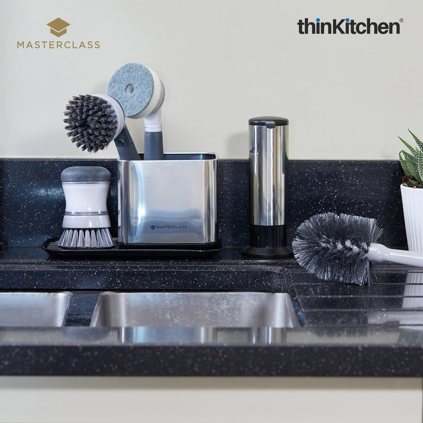 MasterClass Premium Soap Dispensing Palm Scrubbing Brush, Refillable Dish Brush with Non-Scratch Bristles, Kitchen Cleaning Scrub Brush for Dishes, Pans -  Grey