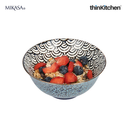 Mikasa Satori Premium Porcelain Serving Bowl 21cm – Indigo Blue Japanese Ramen & Rice Bowl with Gold Detailing