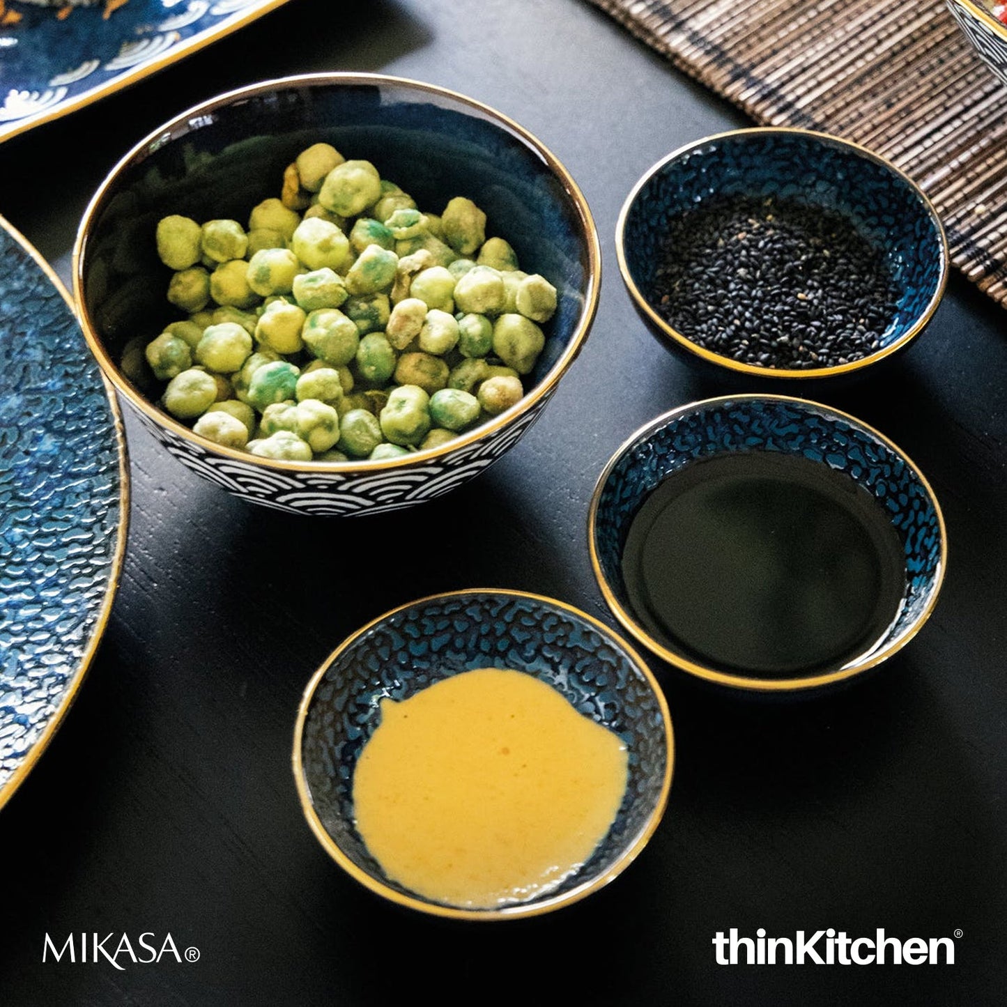 Mikasa Satori Indigo Elegance Set:  Porcelain Dinner Plate, 27cm x  Porcelain Rice Bowl, 16cm