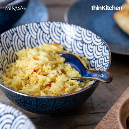 Mikasa Satori Premium Porcelain Serving Bowl 21cm – Indigo Blue Japanese Ramen & Rice Bowl with Gold Detailing