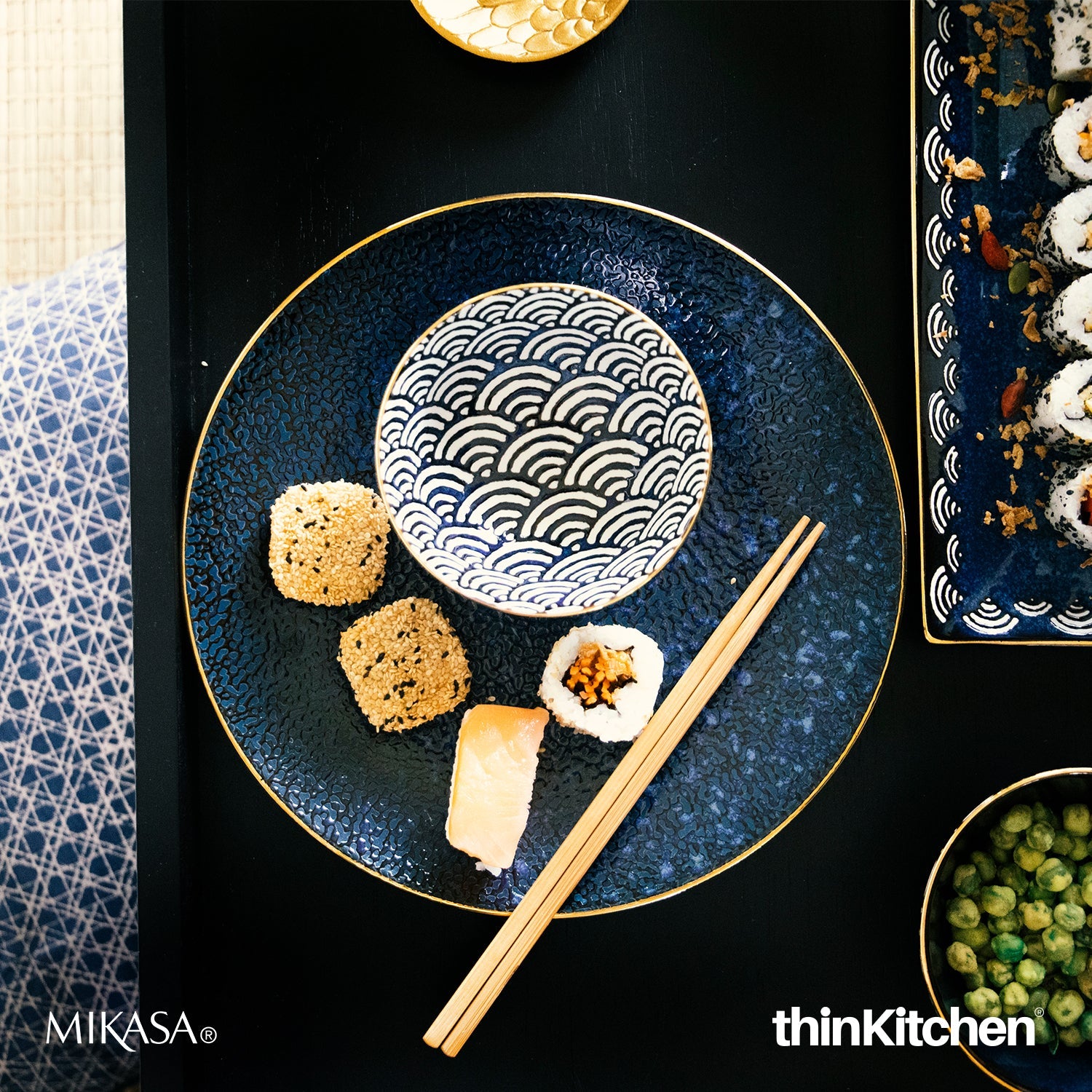 Mikasa Satori Indigo Elegance Set:  Porcelain Dinner Plate, 27cm x  Porcelain Rice Bowl, 16cm - 3
