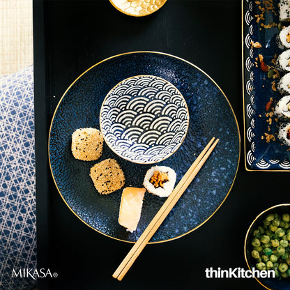 Mikasa Satori Indigo Elegance Set:  Porcelain Dinner Plate, 27cm x  Porcelain Rice Bowl, 16cm