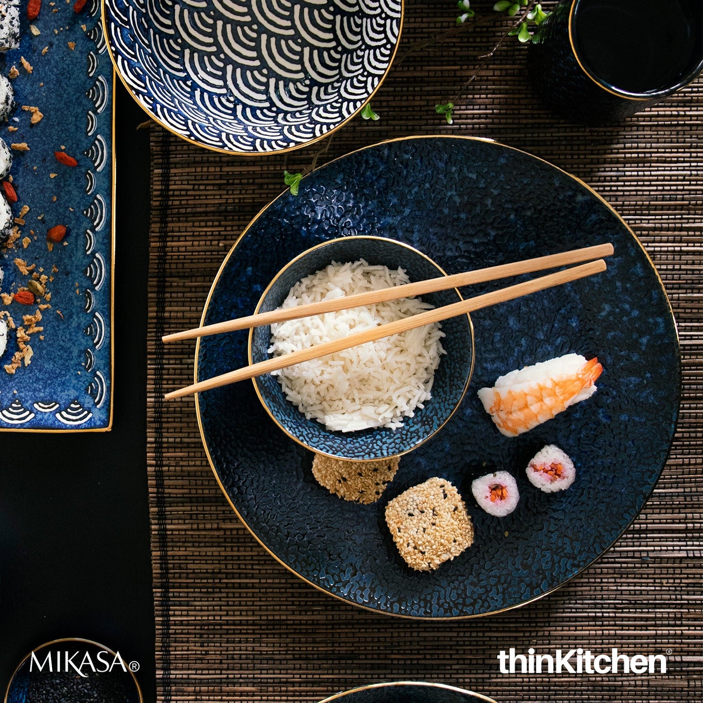 Mikasa Satori Indigo Elegance Set:  Porcelain Dinner Plate, 27cm x  Porcelain Rice Bowl, 16cm