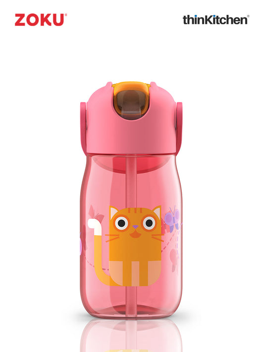 Zoku Pink Kids Flip Straw Bottle 1 Bottle, 1 Lid W/ Straw And Carrying Cord-14Oz/415 Ml