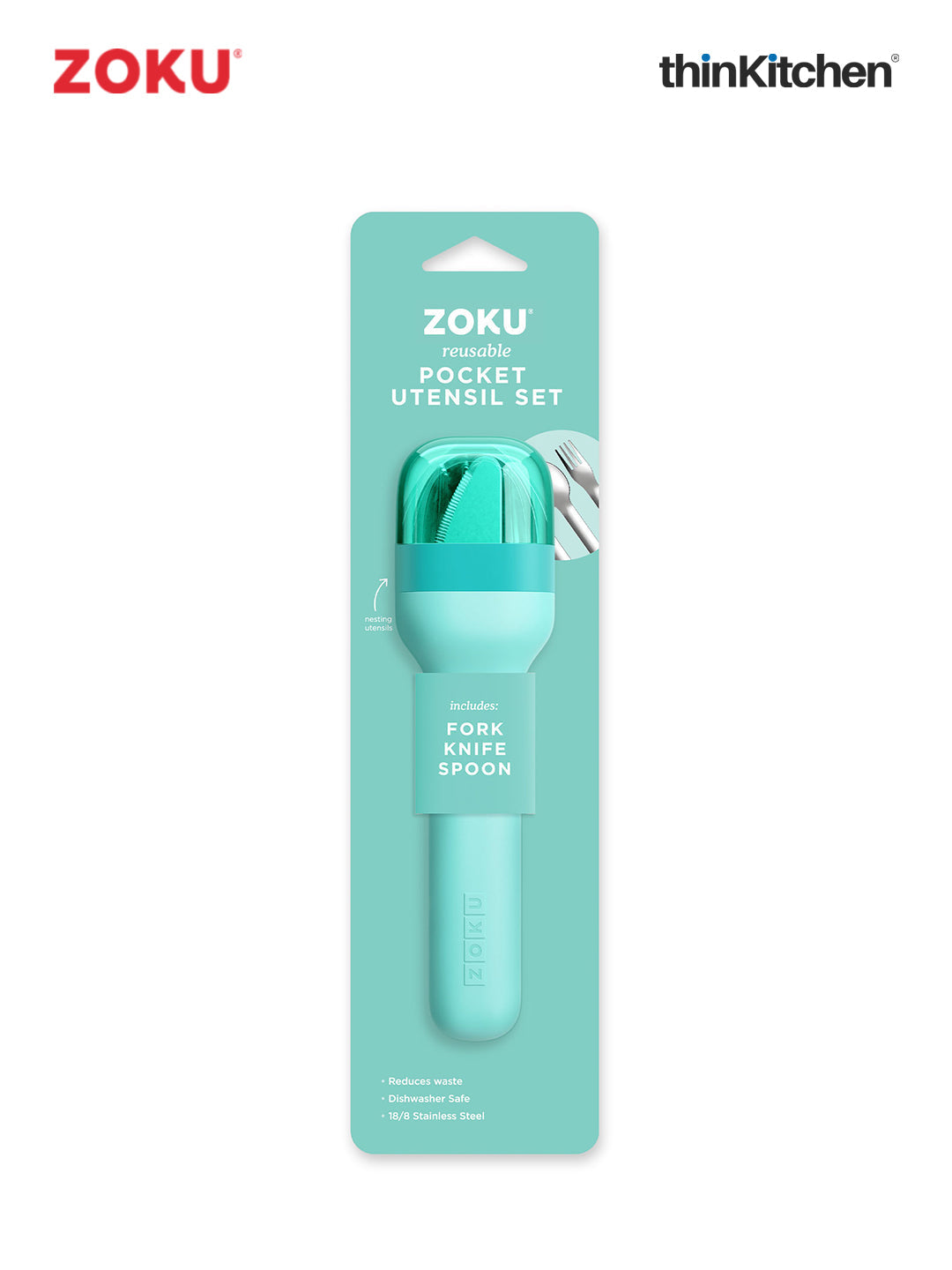 Zoku Teal Pocket Utensils 1 Case, 1 Travel Spoon, 1 Travel Fork, 1 Travel Knife - 7
