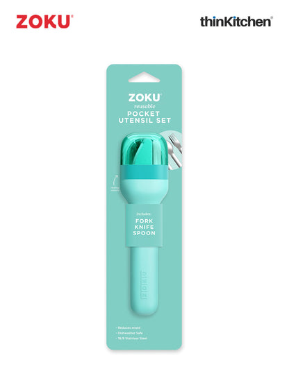 Zoku Teal Pocket Utensils 1 Case, 1 Travel Spoon, 1 Travel Fork, 1 Travel Knife