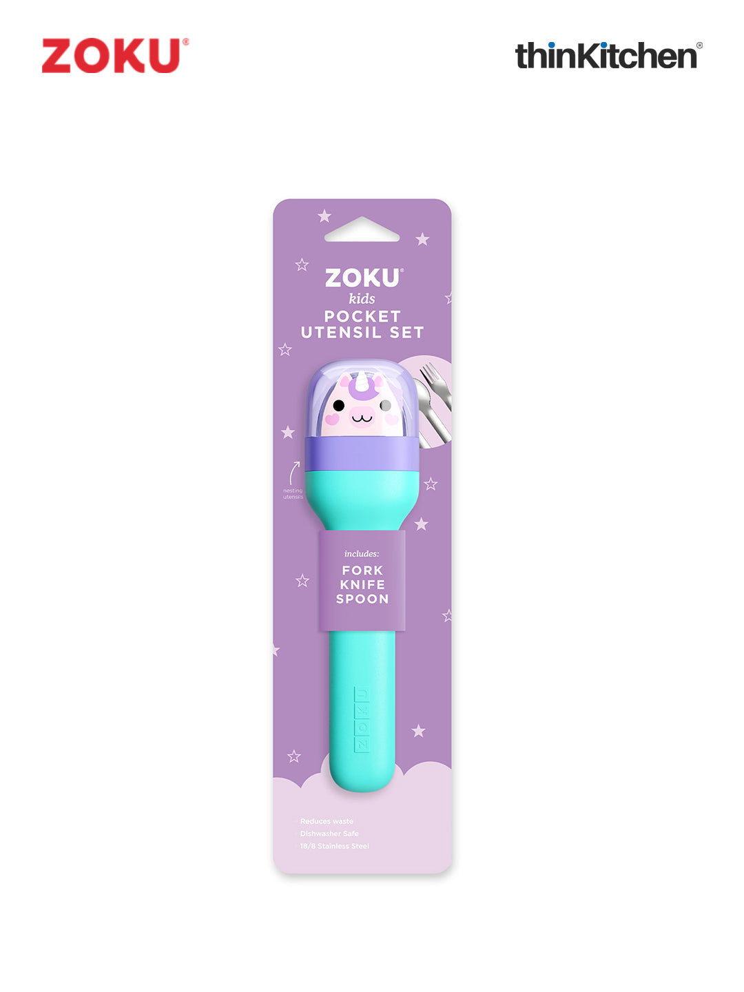 Zoku Unicorn Kids Pocket Utensil Set – Stainless Steel Knife Fork Spoon Set with Travel Case, BPA-Free