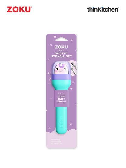 Zoku Unicorn Kids Pocket Utensil Set – Stainless Steel Knife Fork Spoon Set with Travel Case, BPA-Free