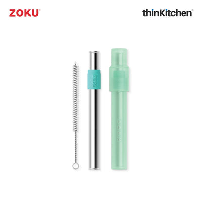 Zoku combo set of Kids Pocket Utensil Set (Shark) x Jumbo Pocket Straw (Teal)