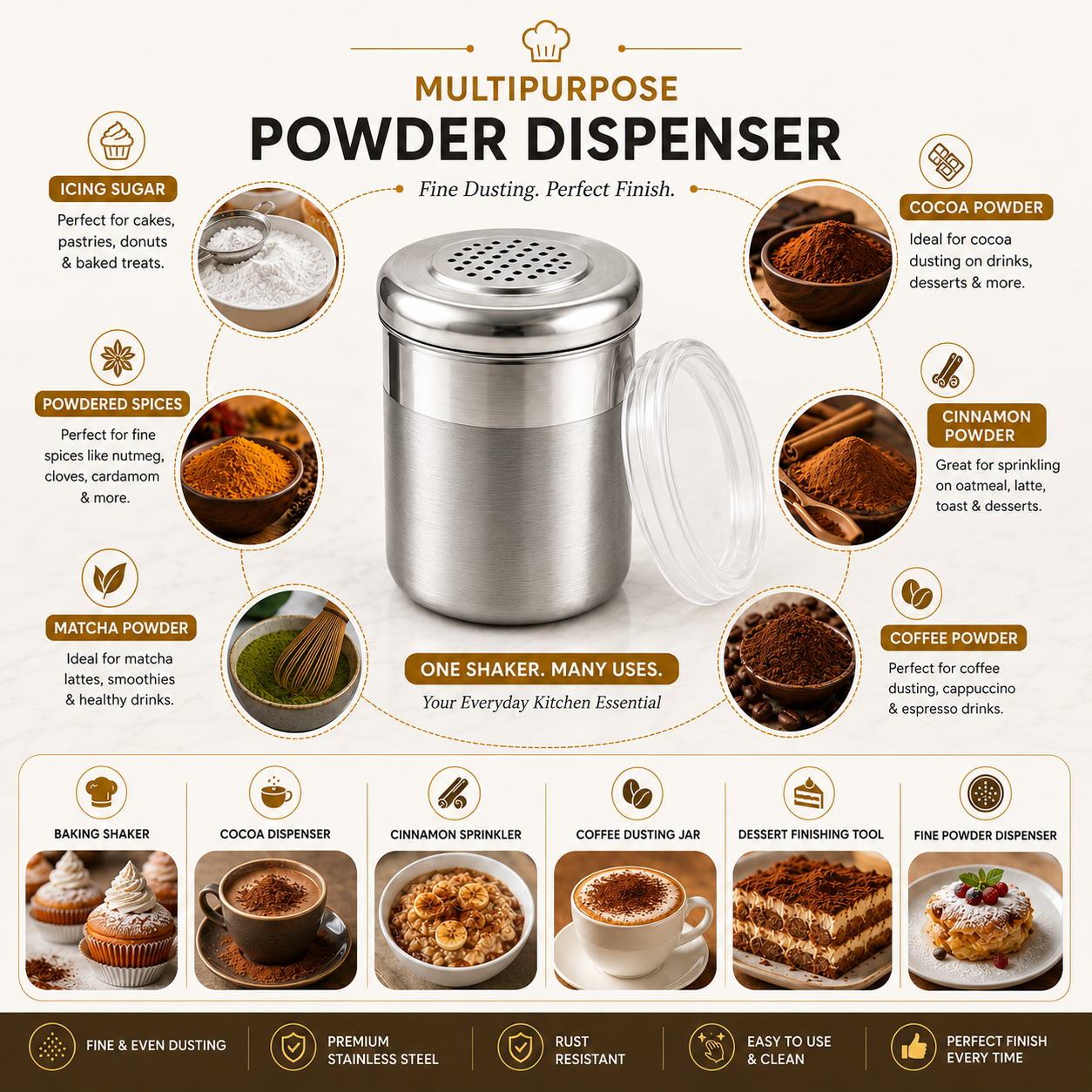 Culinex Stainless Steel Small Portable 120ml Fine Dispenser Shaker for Icing Sugar, Cocoa, Cinnamon, Baking Sprinkler  - 6 x 5 cms